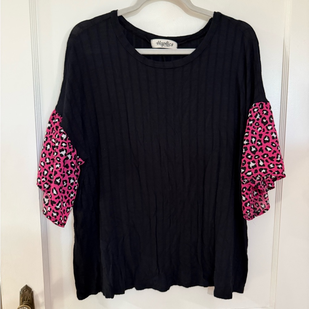 Haptics Black Top with Pink Leopard Sleeves